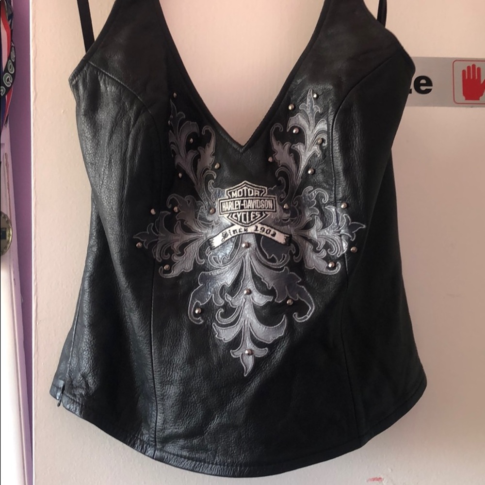 Harley Davidson black leather halter top. Size: L